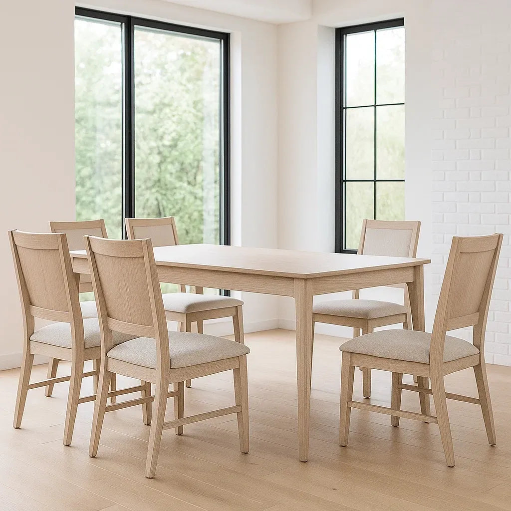 Ensemble de 7 pièces table à manger en bois avec 6 chaises en tissu beige/hêtre