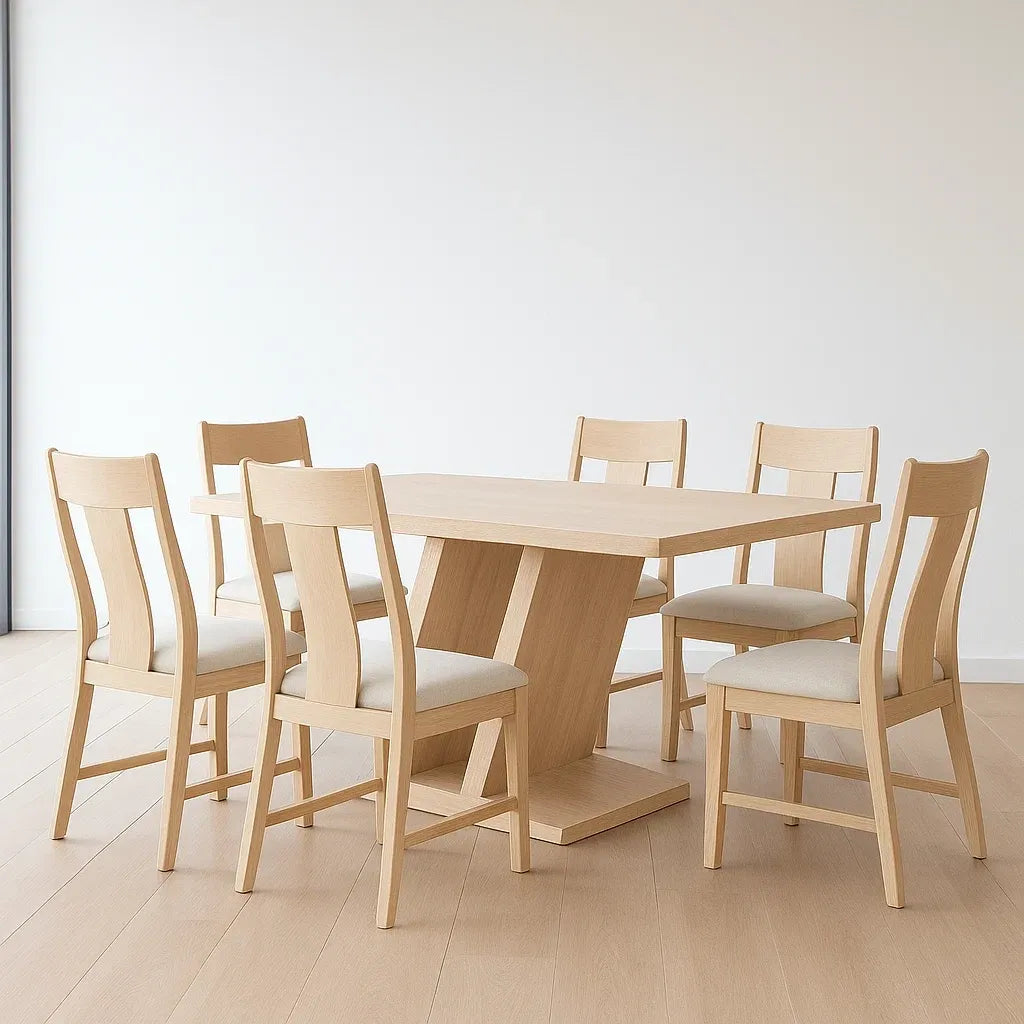 Ensemble de 7 pièces table à manger rectangulaire en bois de chêne avec 6 chaises rembourrées en tissu beige