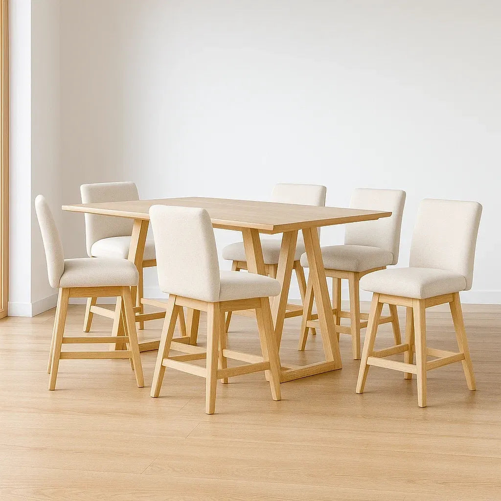 Ensemble de 7 pièces table à manger rectangulaire en bois de chêne avec 6 chaises rembourrées en tissu polyester beige
