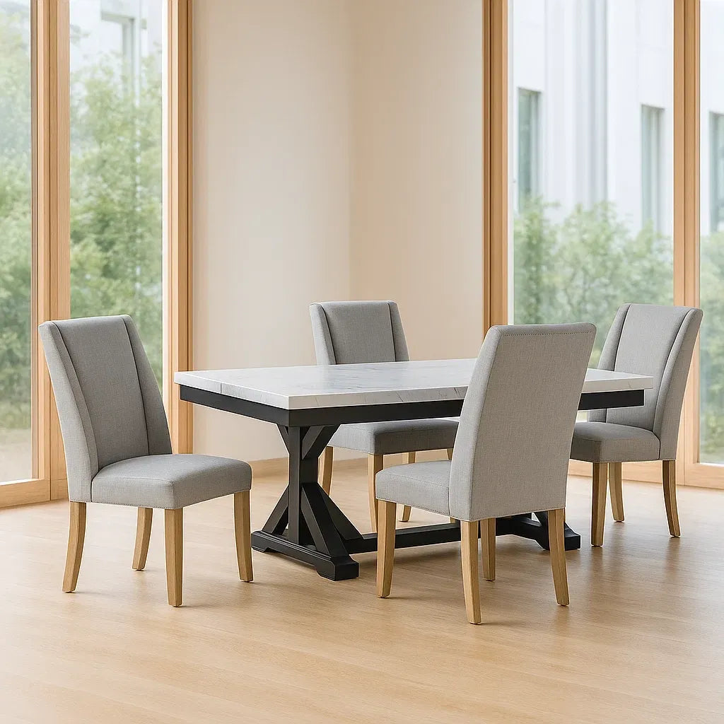 Ensemble de 5 pièces table à manger rectangulaire en marbre avec 4 chaises en tissu polyester gris