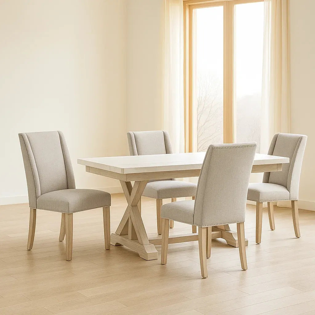 Ensemble de 5 pièces table à manger en bois avec 4 chaises en tissu polyester beige
