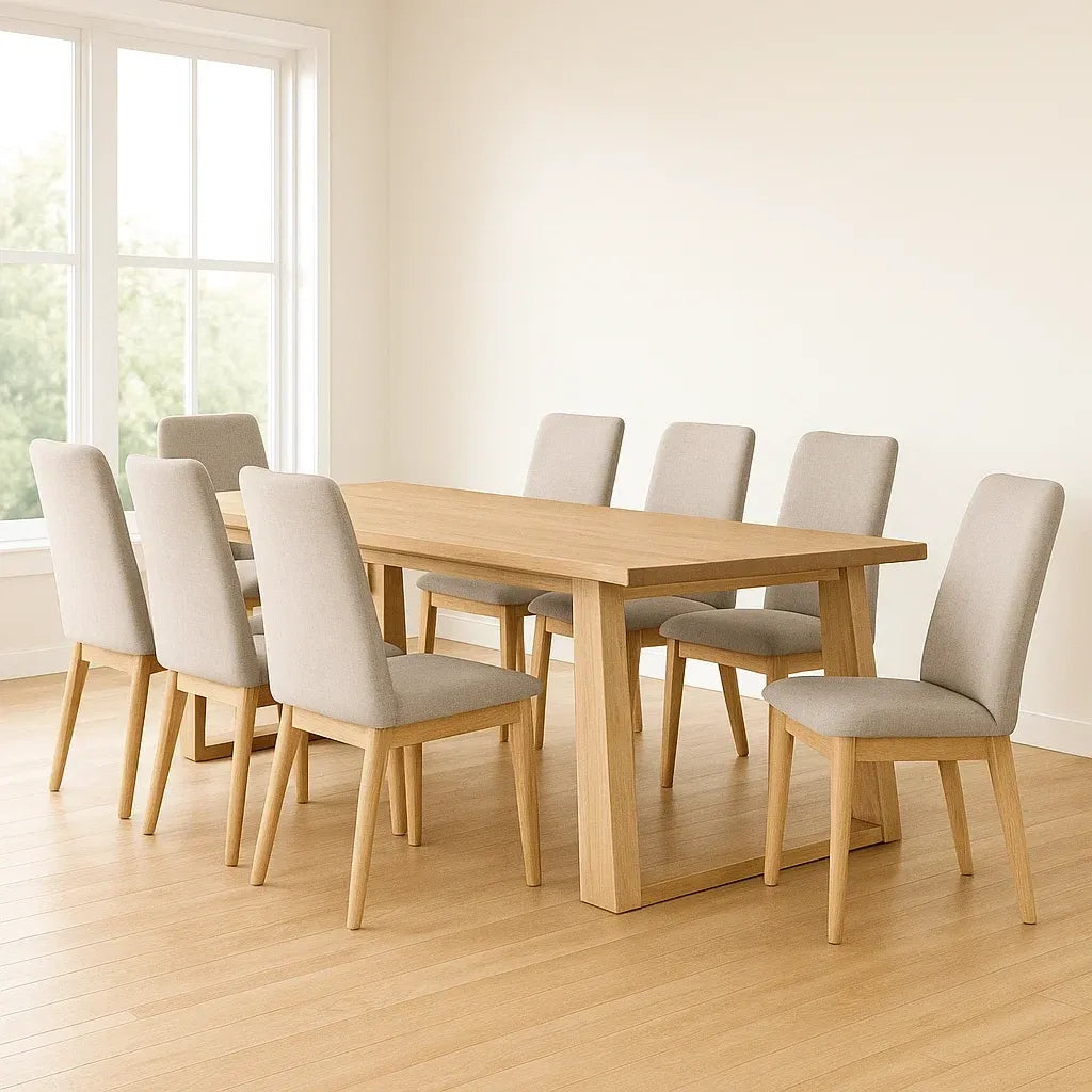 Ensemble de 9 pièces table à manger rectangulaire en bois massif avec 8 chaises rembourrées en tissu beige