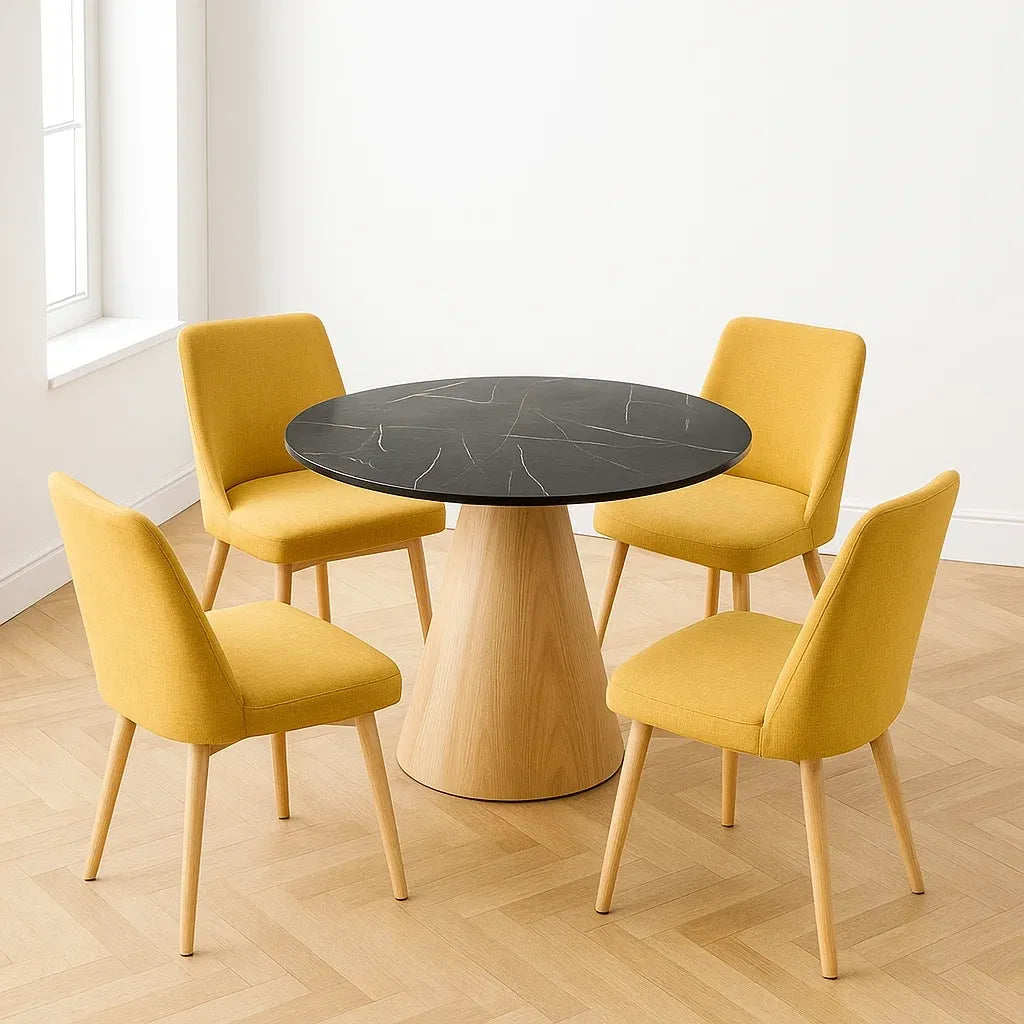Ensemble de 5 pièces table à manger ronde en marbre noir et chêne avec 4 chaises en tissu jaune